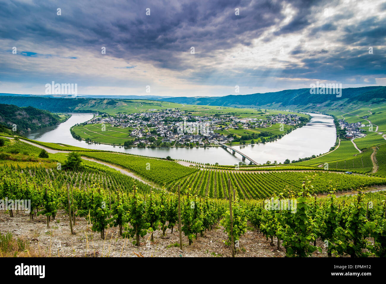 Germany, Rhineland-Palatinate, Moselle valley, river bend at Minheim Stock Photo