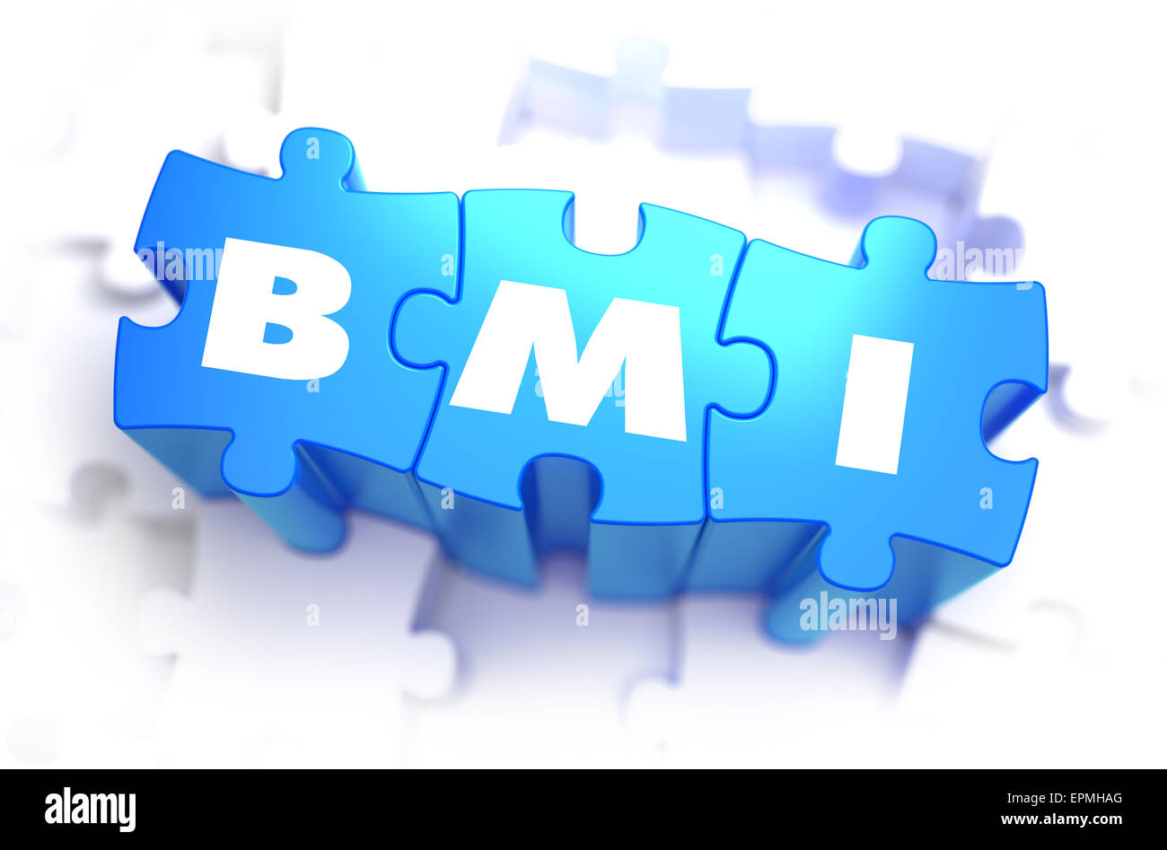 BMI - Body Mass Index - White Word on Blue Puzzles on White Background. 3D Illustration. Stock Photo