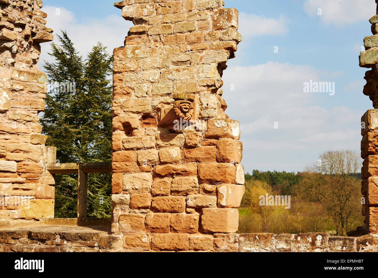 Stone ruins of the Abbey with a  gargoyle at Rufford Abbey Country Park, Nottinghamshire, England, UK. Stock Photo