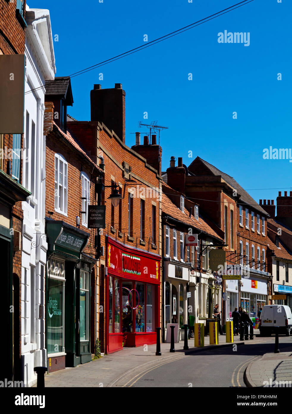 View looking down Kirkgate a shopping street in Newark on Trent town centre Nottinghamshire England UK Stock Photo
