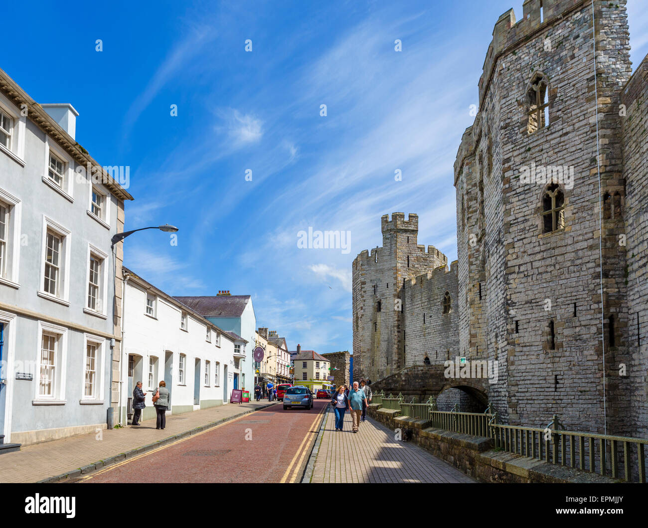 Castle Ditch outside the main entrance to Caernarfon Castle, Caernarfon, Gwynedd,  Wales, UK Stock Photo