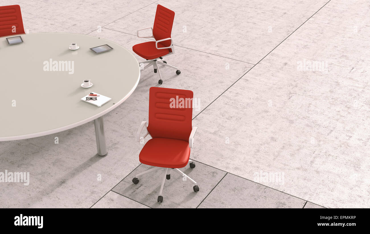 Conference table with different working appliances, 3D Rendering Stock Photo