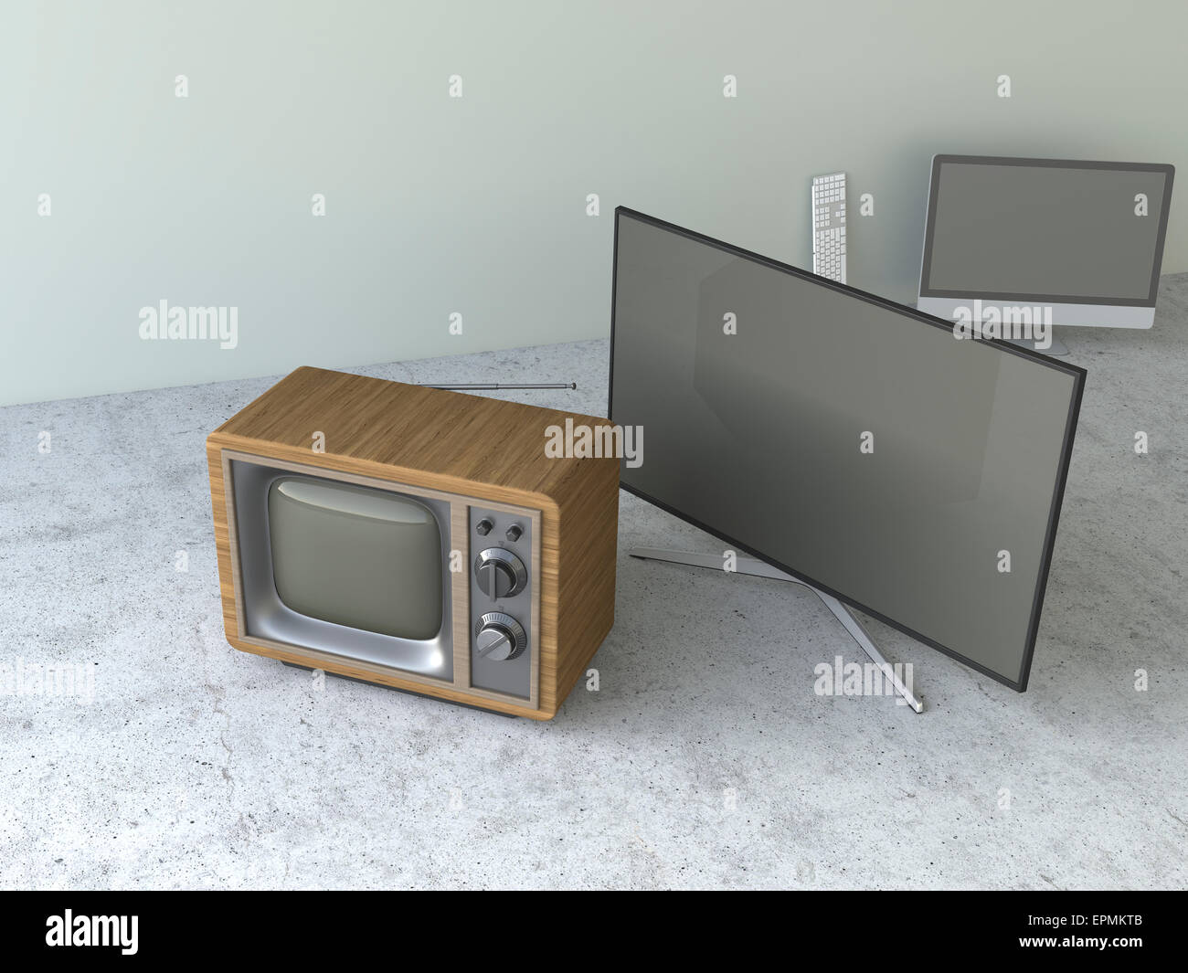 Old-fashioned tube television and modern flatscreen TVs, 3D Rendering Stock Photo