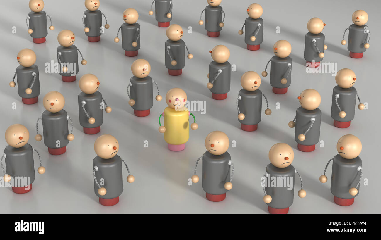 Happy figurine standing among crowd of unfriendly ones Stock Photo