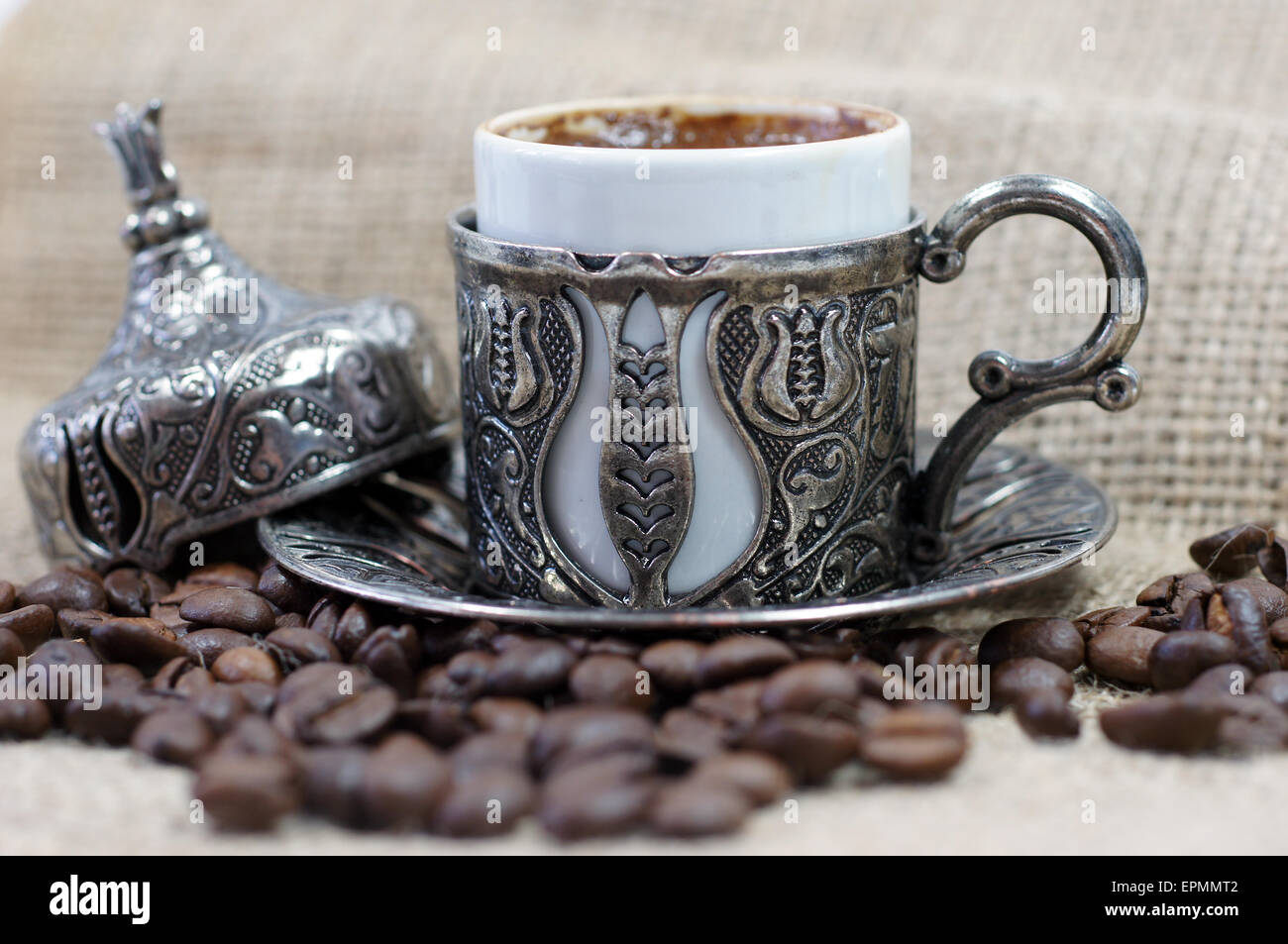 Traditional Turkish coffee with coffee beans Stock Photo Alamy