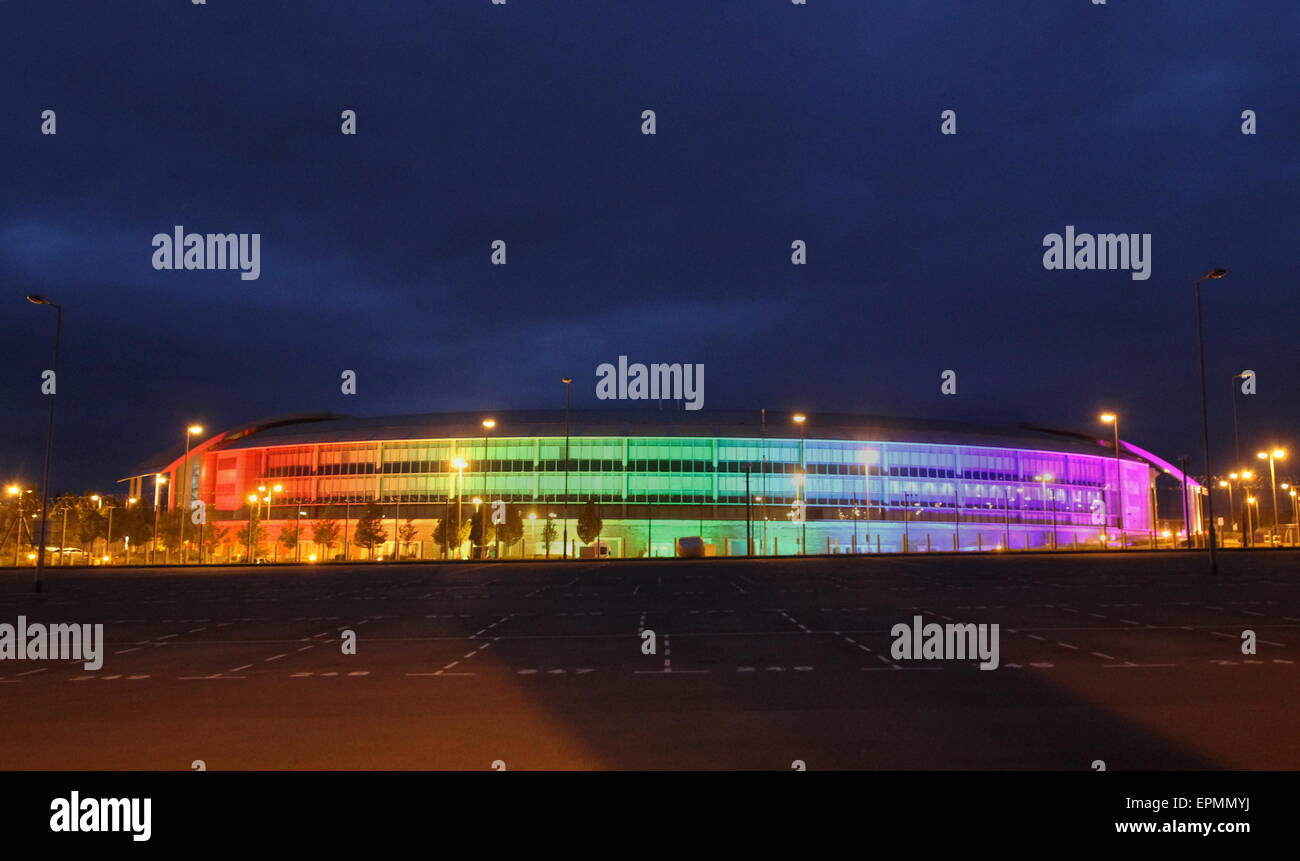 GCHQ Cheltenham, lights up with rainbow colours to show empathy with LBGT groups. Stock Photo
