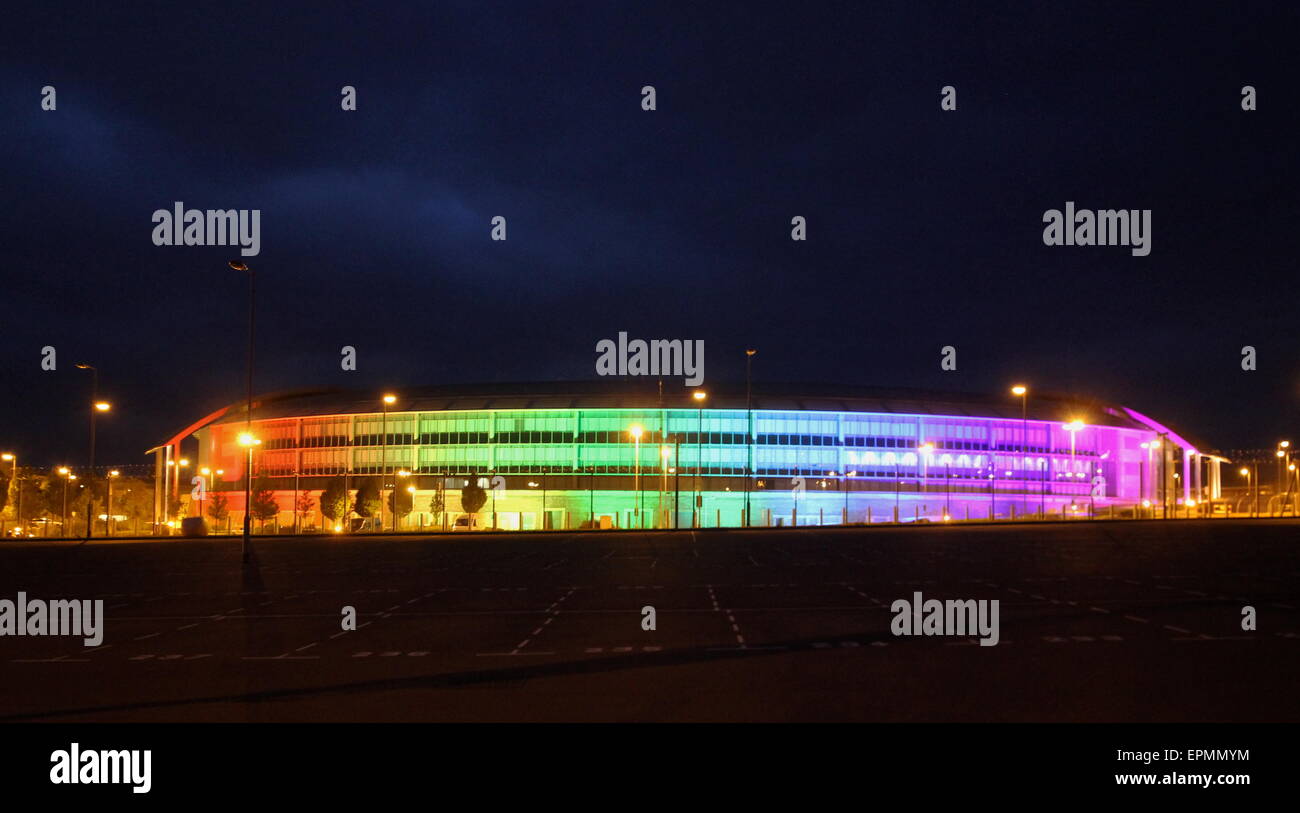 GCHQ Cheltenham, lights up with rainbow colours to show empathy with LBGT groups. Stock Photo