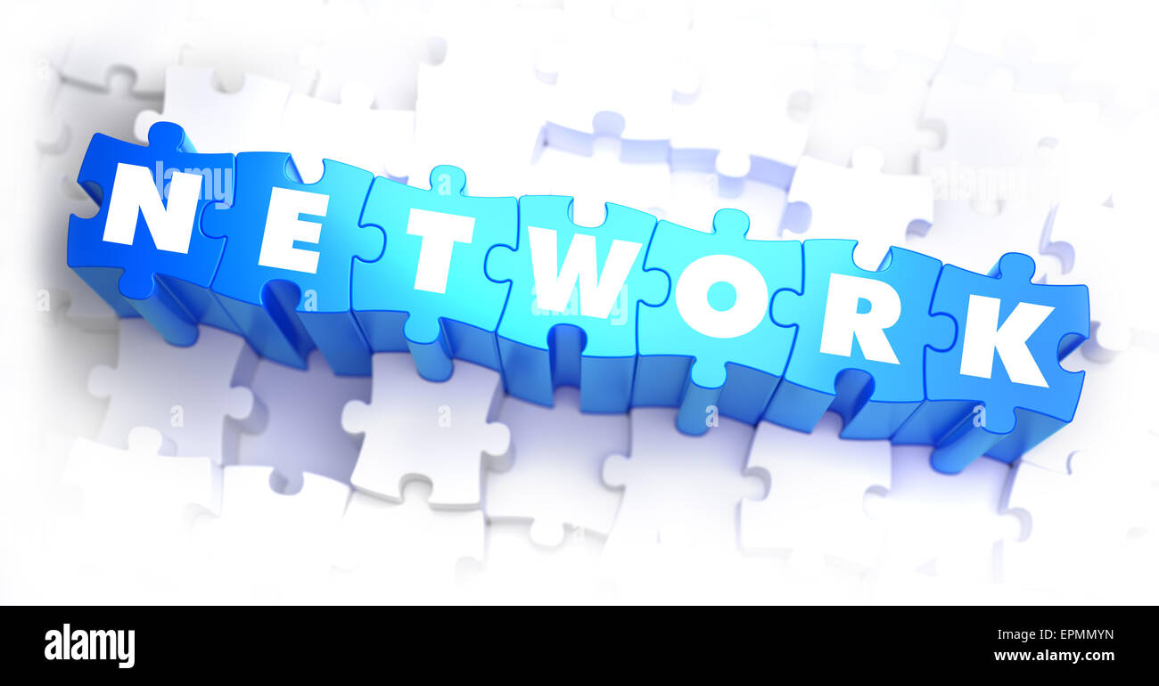 Network - Text on Blue Puzzles on White Background. 3D Render Stock ...