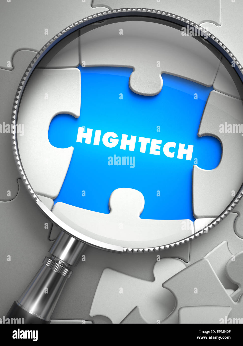 HighTech - Word on the Place of Missing Puzzle Piece through Magnifier. Selective Focus. Stock Photo