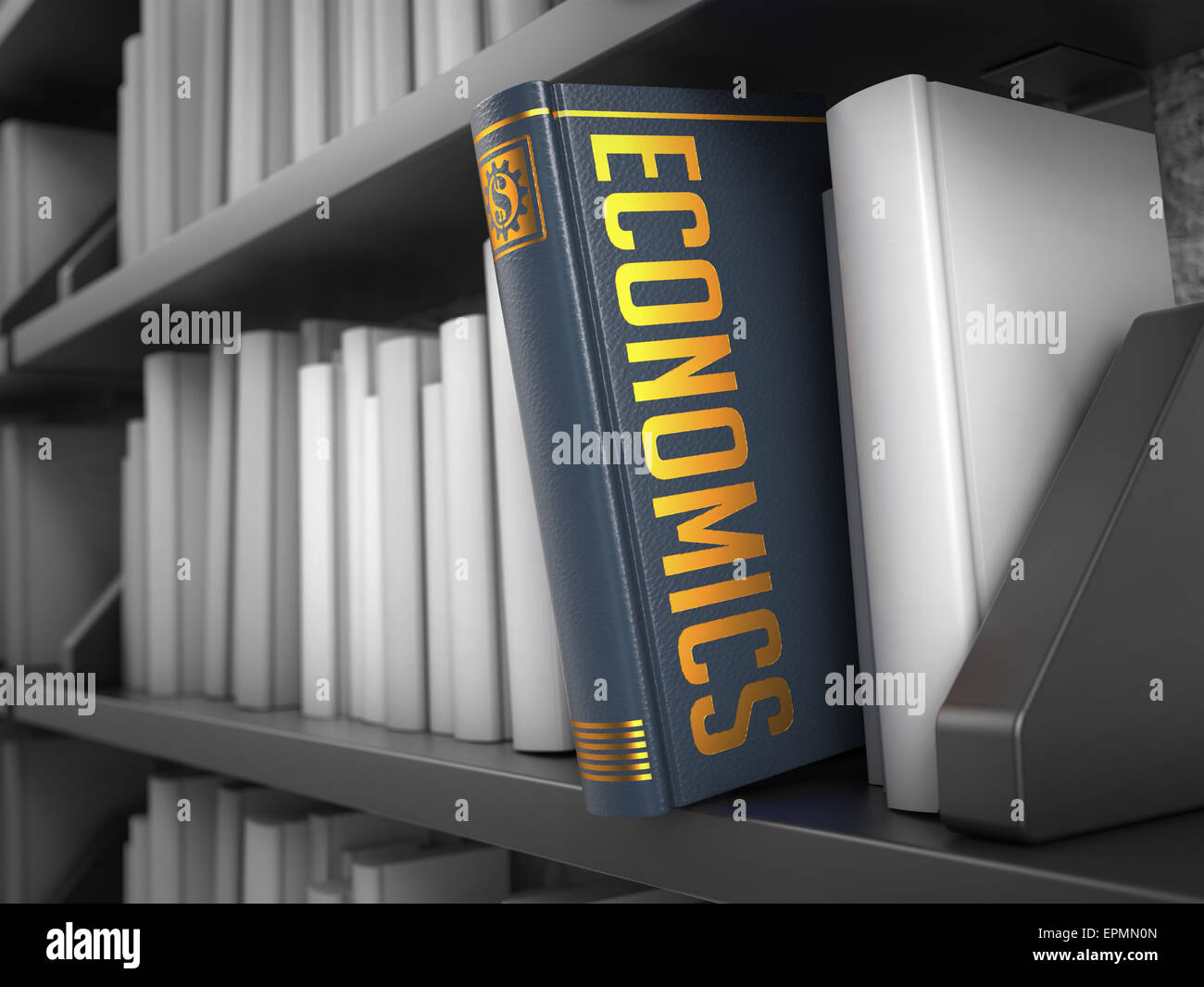 Economics - Grey Book on the Black Bookshelf between white ones. Stock Photo