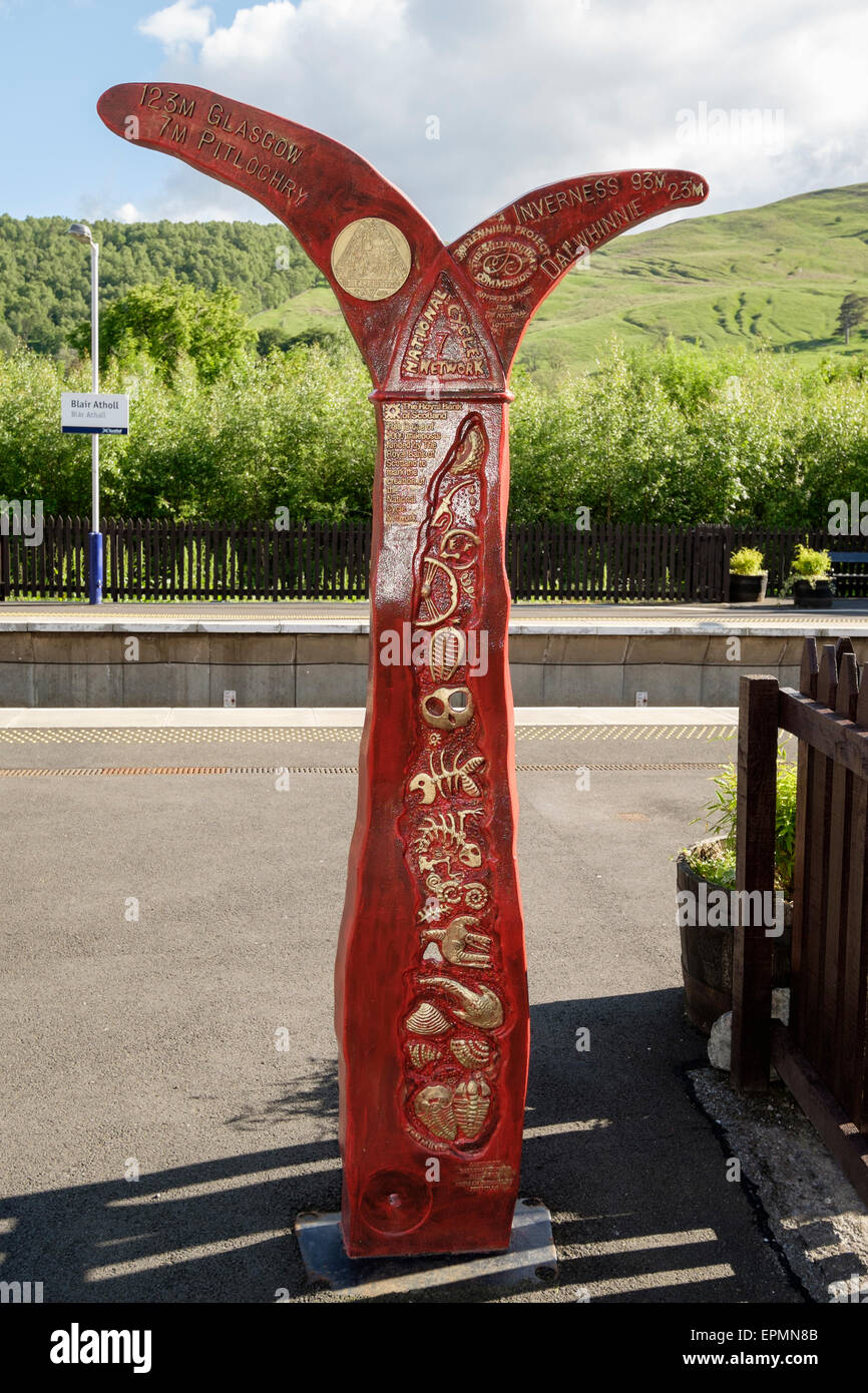 National Cycle Network milepost signpost funded by The Royal Bank of Scotland on the railway station in Blair Atholl Scotland UK Stock Photo