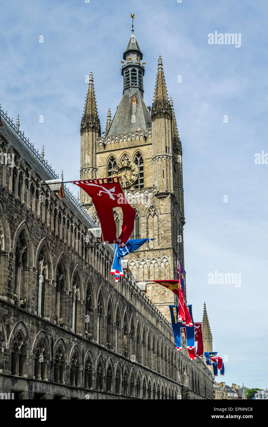 Belgium City of Ypres, Cloth Hall with commerce flags Stock Photo Alamy
