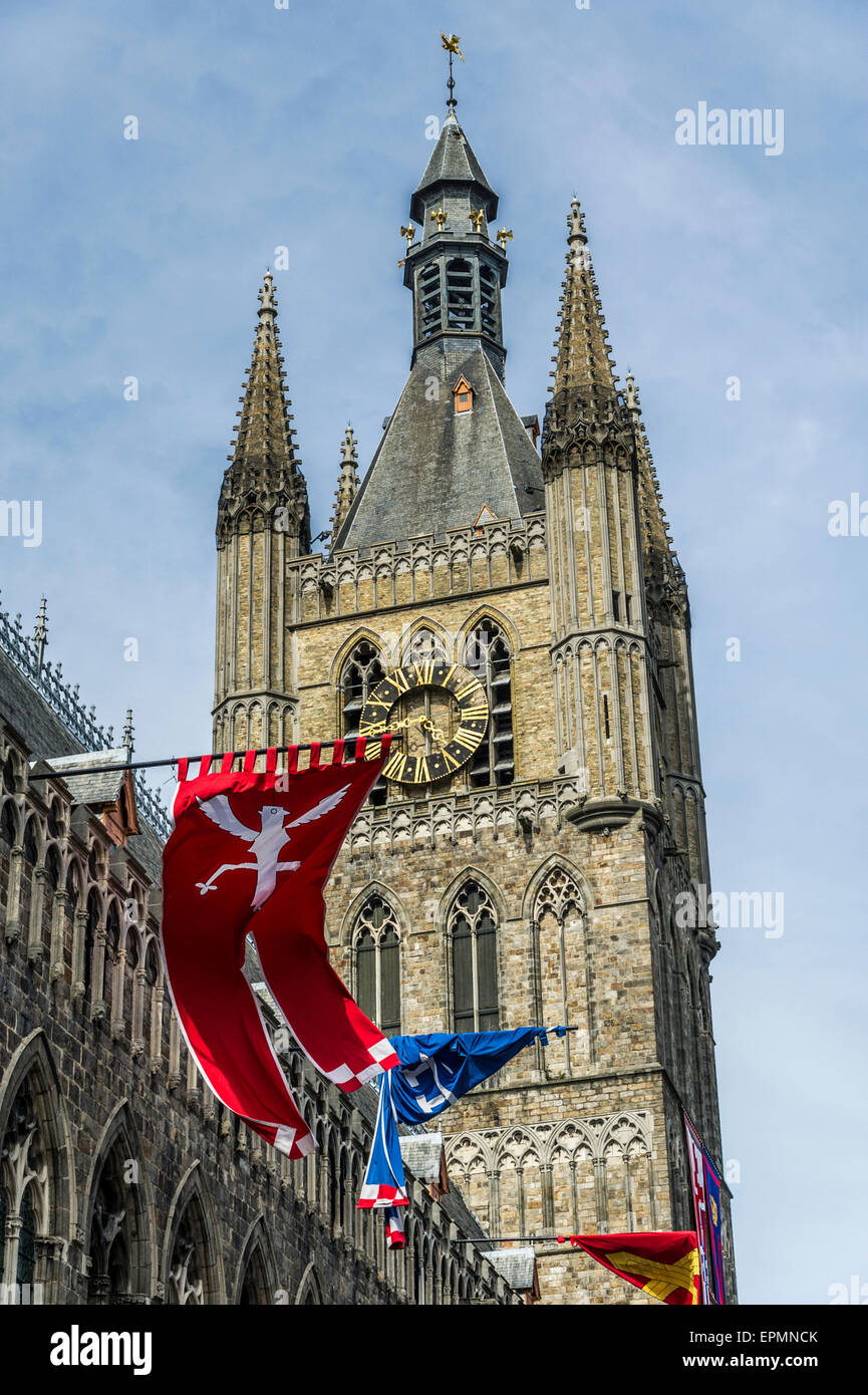 Belgium City of Ypres, Cloth Hall with commerce flags Stock Photo