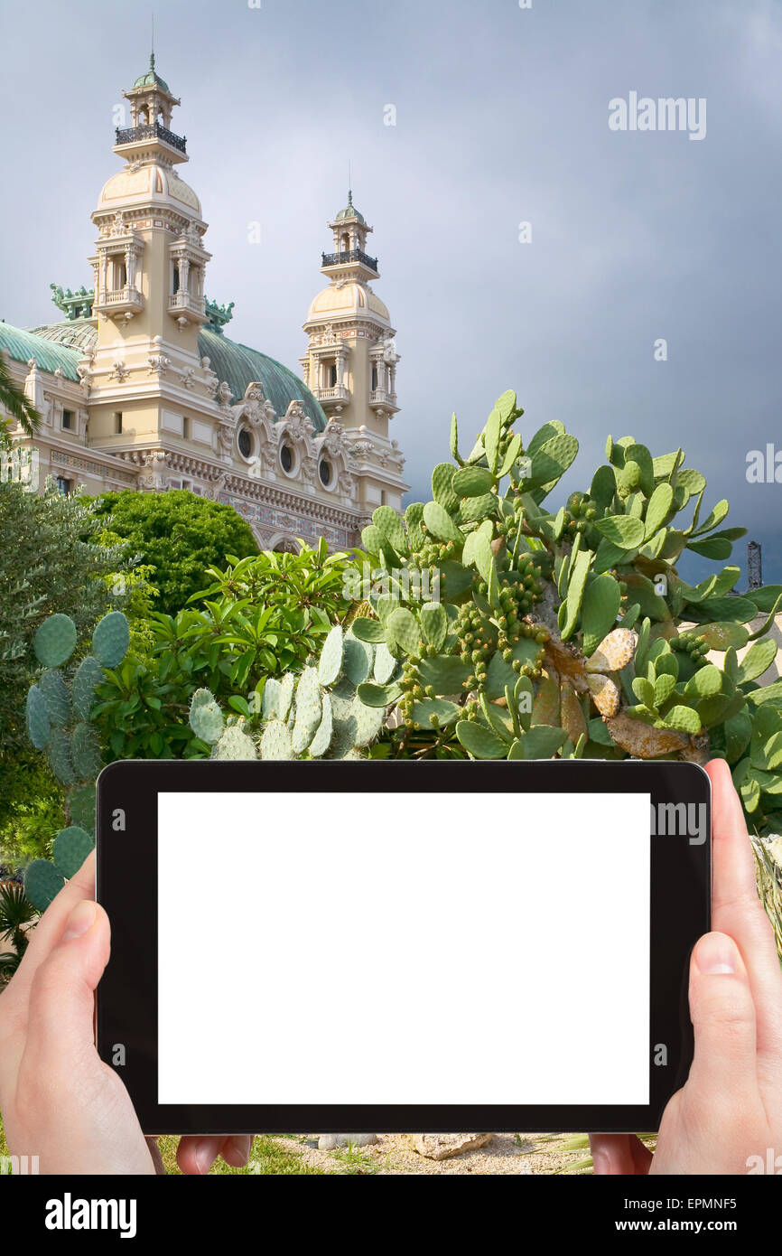 travel concept - tourist photograph cactus in urban park in Monte Carlo, Monaco on tablet pc with cut out screen with blank plac Stock Photo