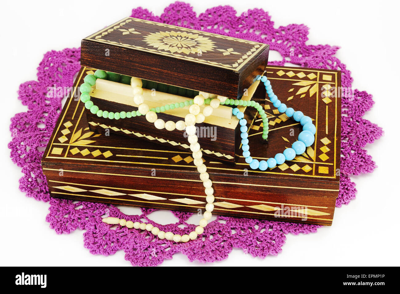 Two wooden souvenir boxes with necklaces Stock Photo Alamy