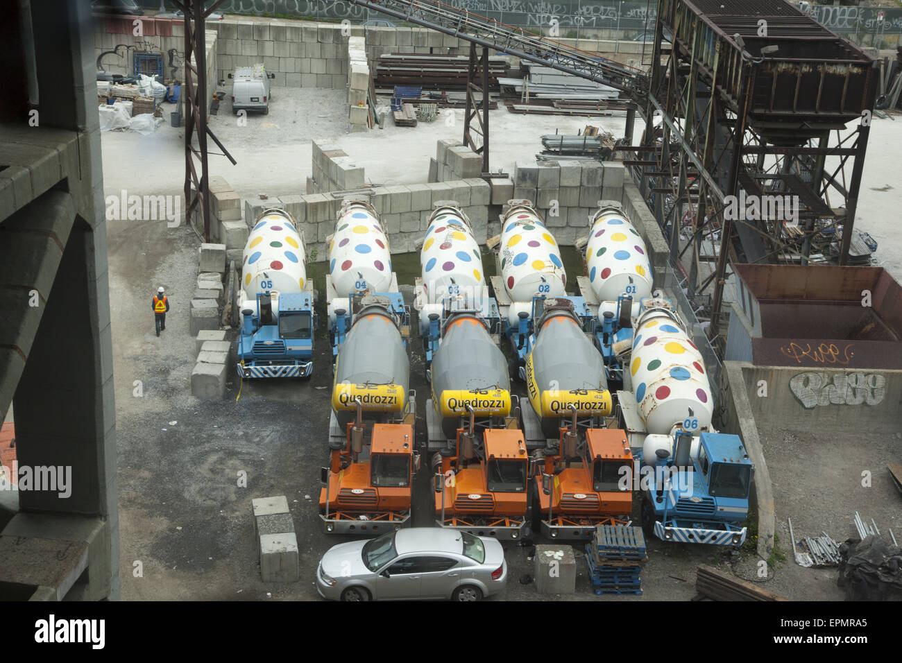 Cement trucks parked at the cement factory in the industrial Gowanus section of Brooklyn, NY. Stock Photo