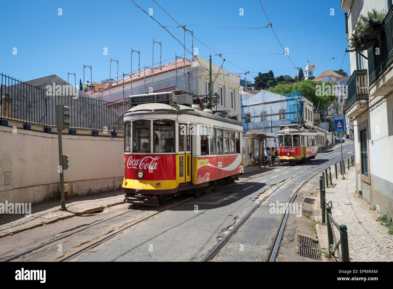the number 28 tram in Lisbon Portugal Stock Photo