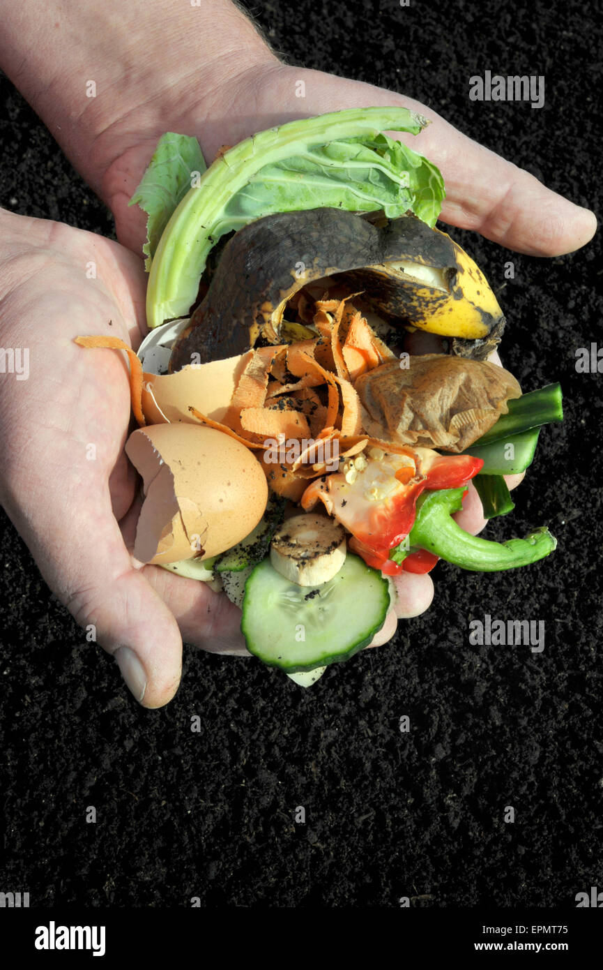 Kitchen food wast ready for recycling into finished compost either using a heap or worm bin