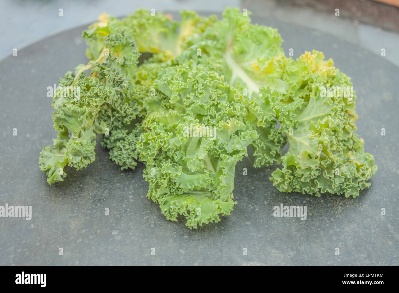 A pile of green kale, on a stone plate Stock Photo