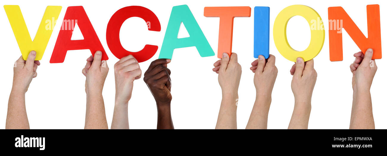 Multi ethnic group of people holding the word vacation isolated Stock Photo