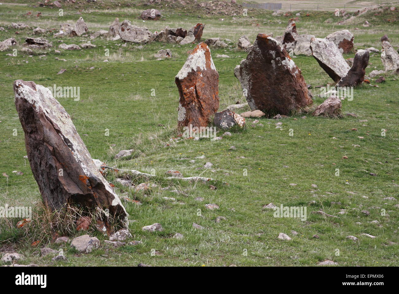 Zorats Karer or Karahunj is artificual prehistoric construction in Armenia also known as Army Stones Stock Photo