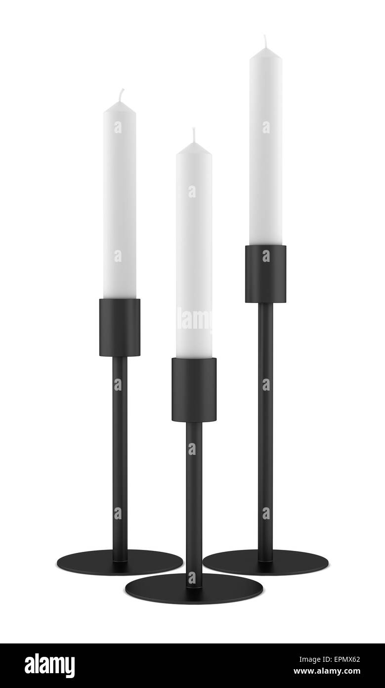 three modern black candlesticks with candles isolated on white