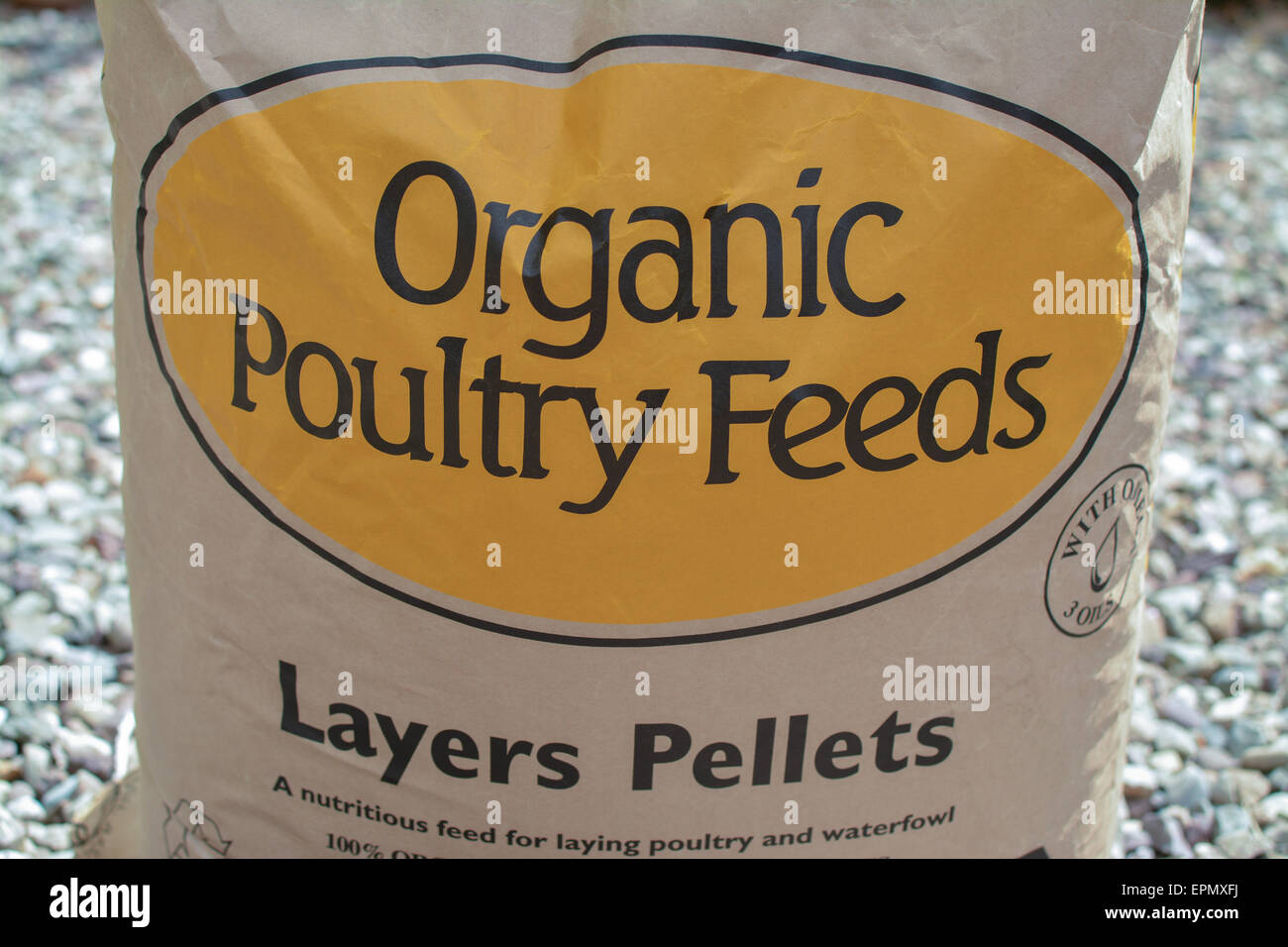 Close up of sack of Layers Pellets Organic Poultry feed Stock Photo