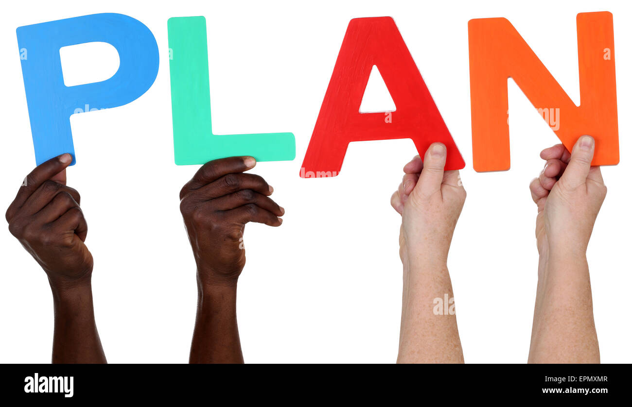 Multi ethnic group of people holding the word plan isolated Stock Photo ...