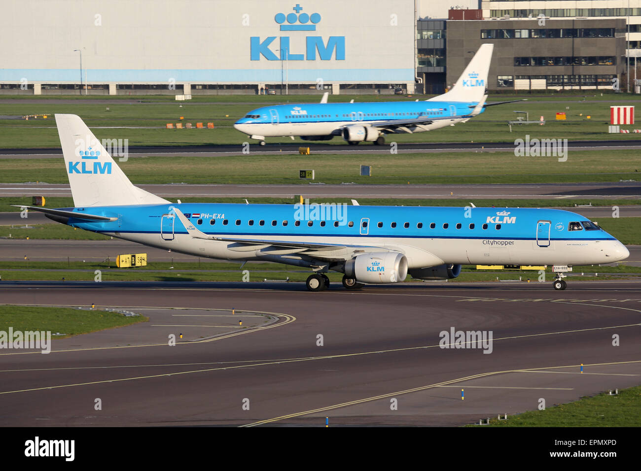 Amsterdam, Netherlands - April 19, 2015: KLM Royal Dutch Airlines airplanes at Amsterdam Schiphol airport (AMS). KLM is the larg Stock Photo