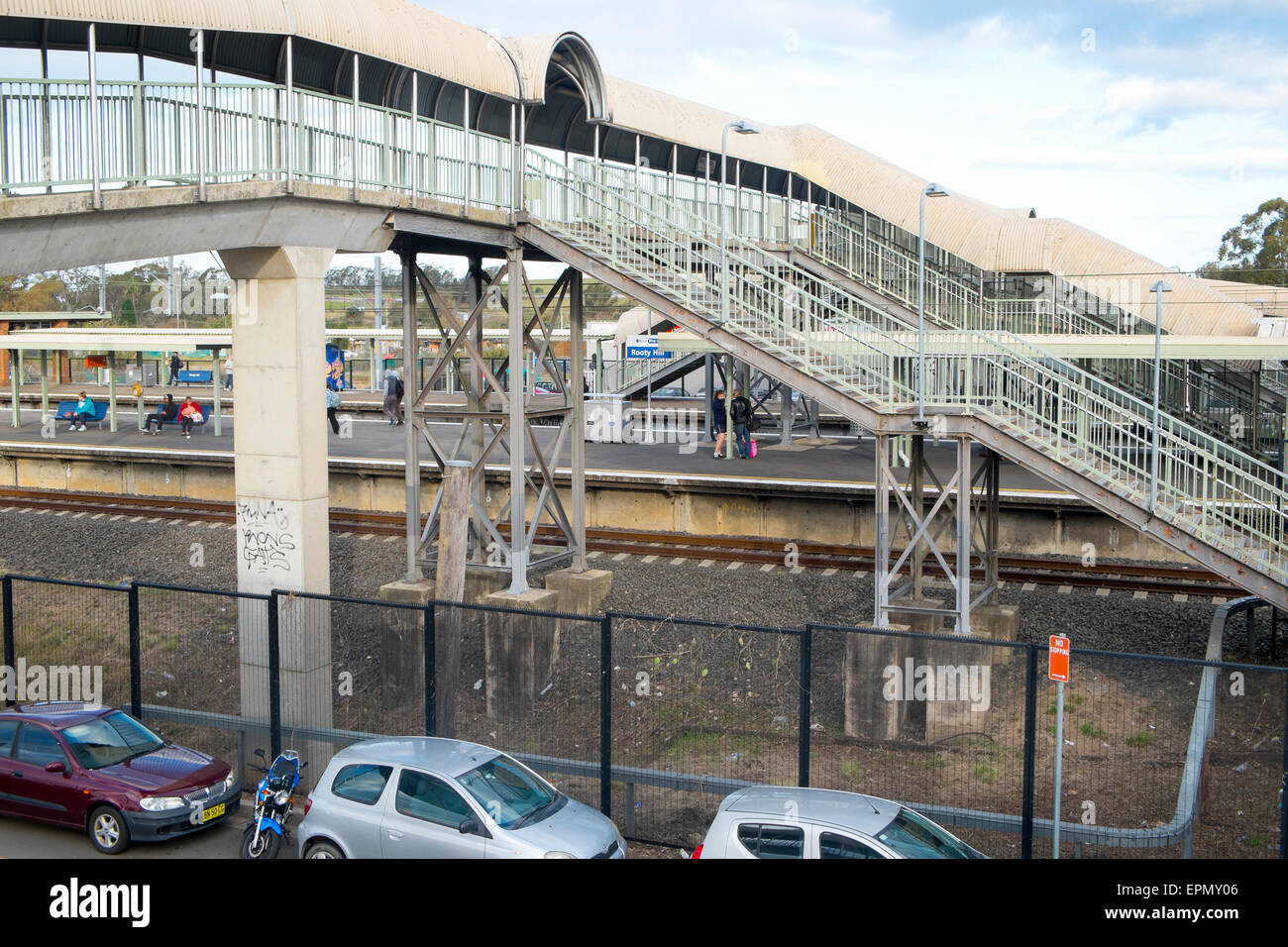 Rooty hill railway station,western Sydney,australia showing steep stair access to the platforms and huge canopies Stock Photo