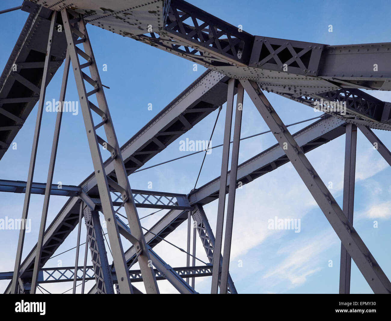 Detail shot of an historic gray painted Dutch riveted truss bridge