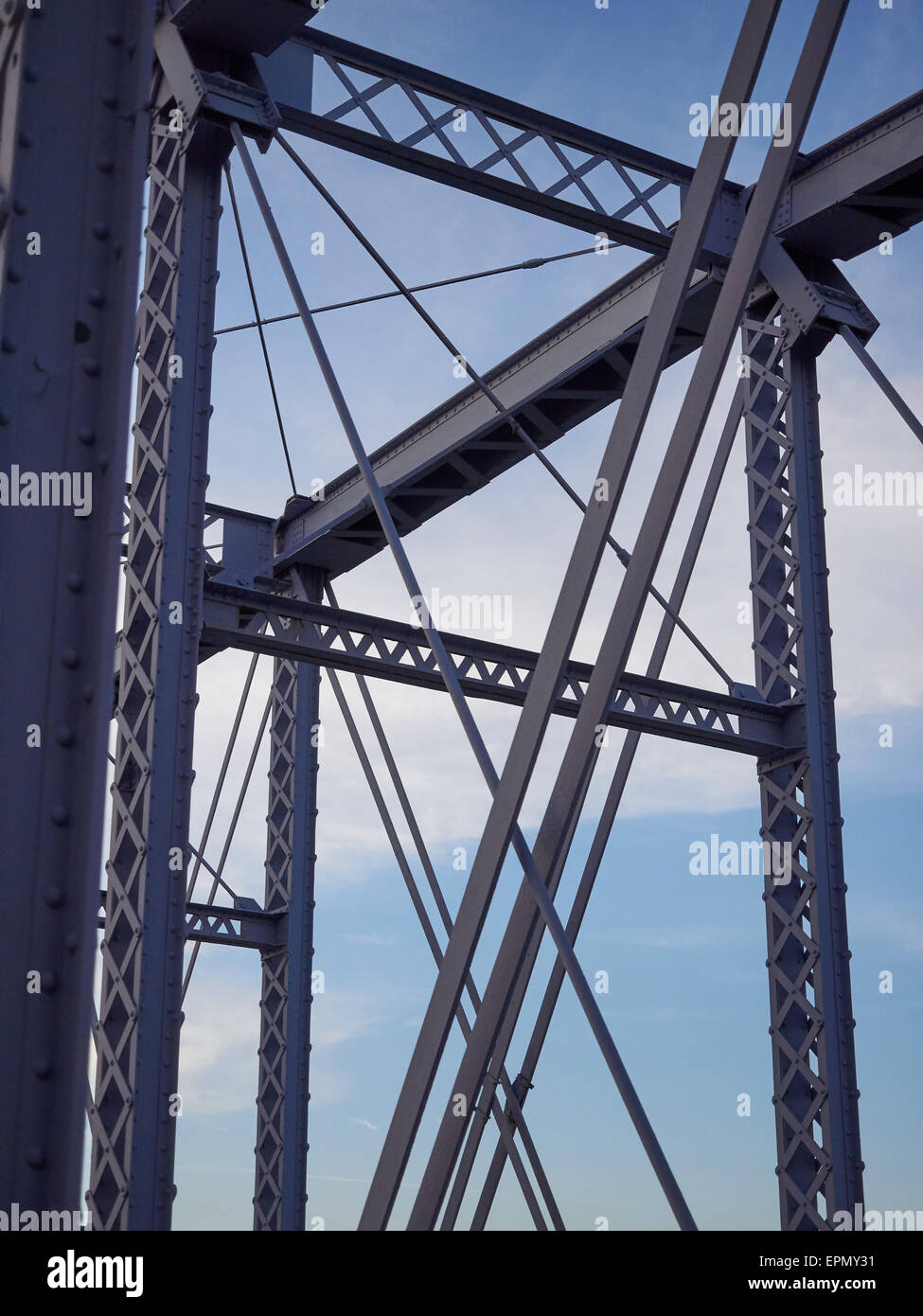 Detail shot of an historic gray painted Dutch riveted truss bridge