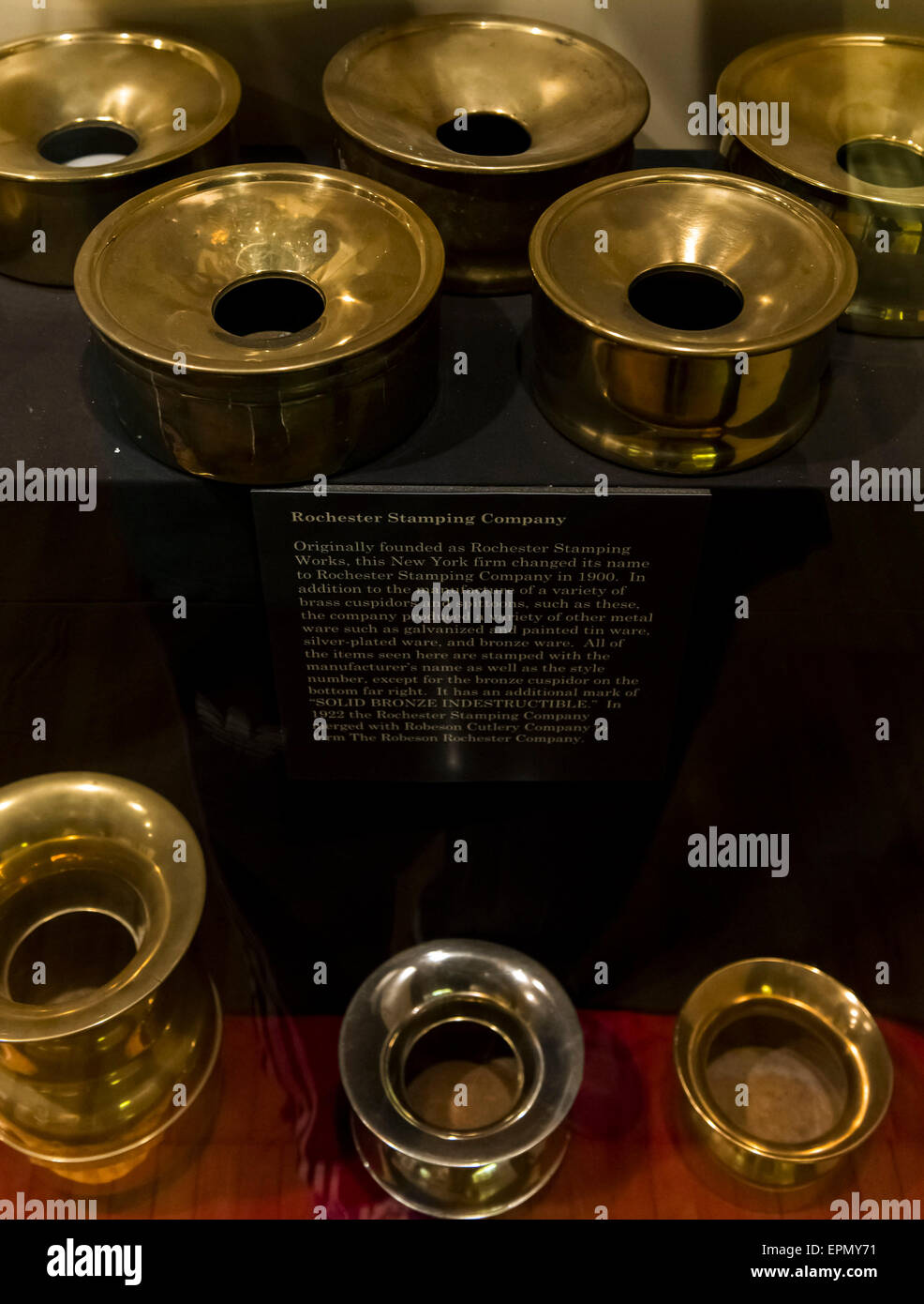 Durham, North Carolina, USA. 19th May, 2015. A display of spittoons at the Duke  Homestead State Historic Site and Tobacco Museum. In 1865, Washington Duke,  home from serving in the Confederate Army,
