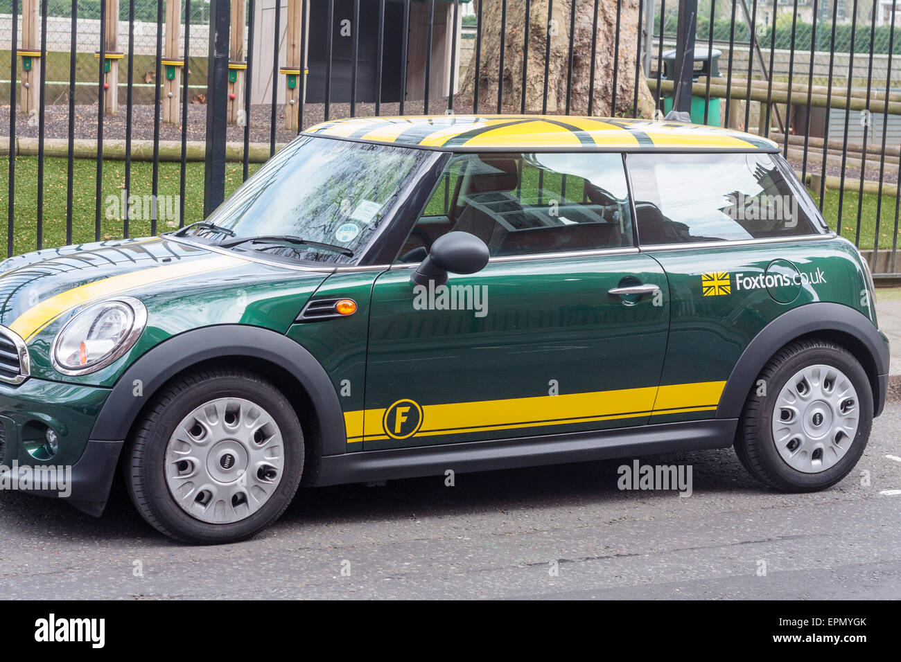A parked Mini with Foxtons (estate agents) livery, London, UK Stock