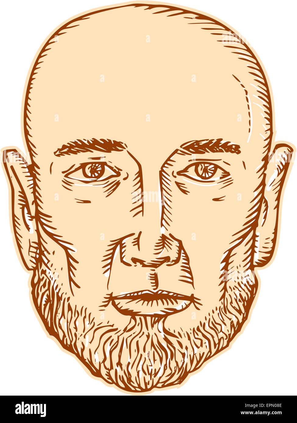 Etching engraving handmade style illustration of a bald head bearded male facing front set on isolated white background. Stock Photo