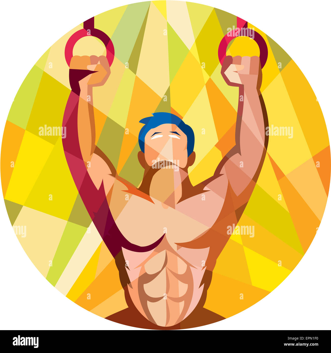 Low polygon style illustration of a crossfit athlete body training weight exercise hanging on gymnastic ring dip kipping muscle Stock Photo