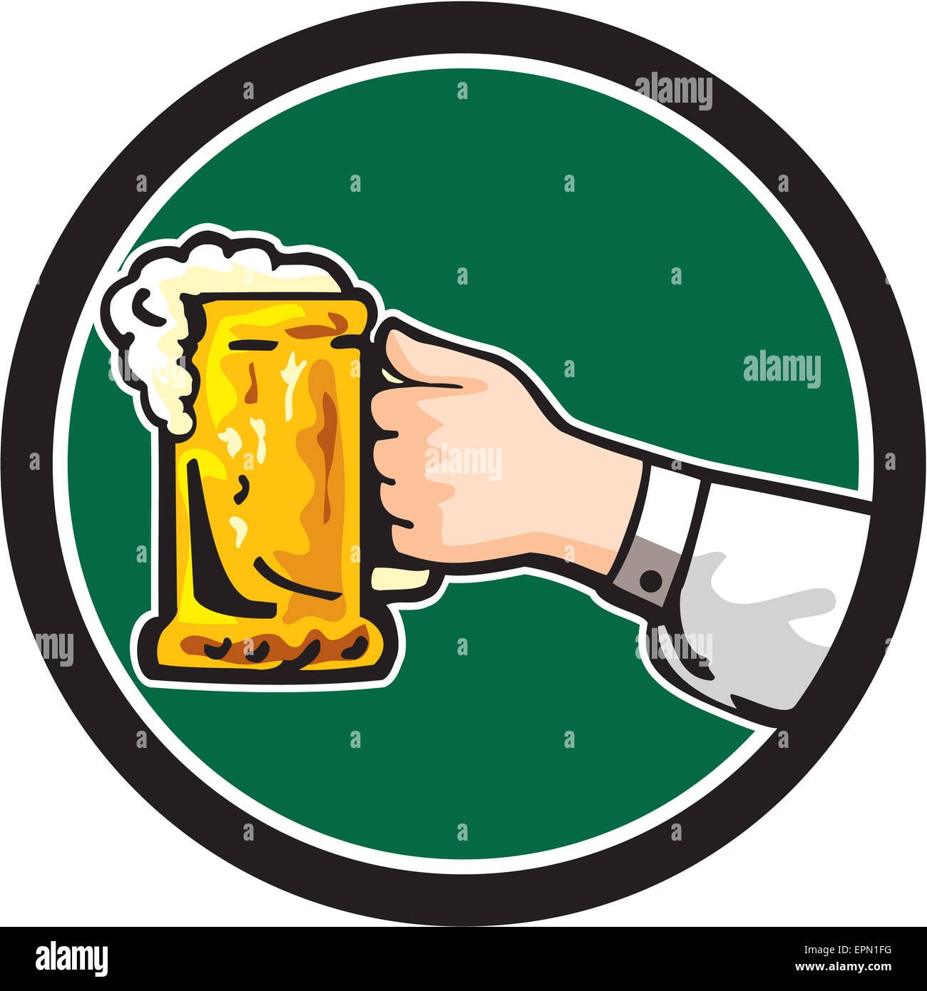 Illustration of a hand holding a mug of beer viewed from the side set inside circle on isolated