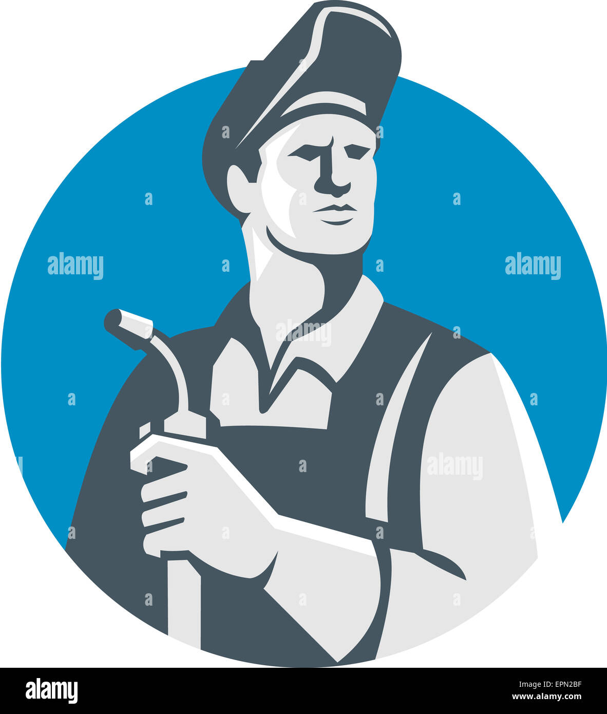Illustration of welder worker wearing hat holding welding torch looking to the side set inside circle on isolated background done in retro style. Stock Photo