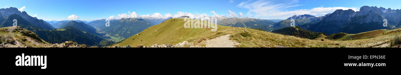Beautiful panorama of mountain refuge Doss Del Sabion and Adamello mountain group , Pinzolo Italy Stock Photo