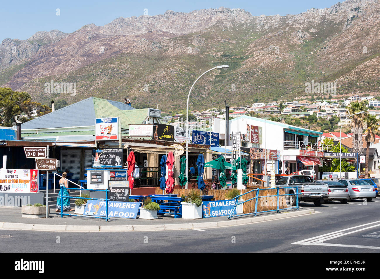 Beachfront restaurants, Gordon's Bay, Helderberg District, Cape Peninsula, Western Cape Province, Republic of South Africa Stock Photo