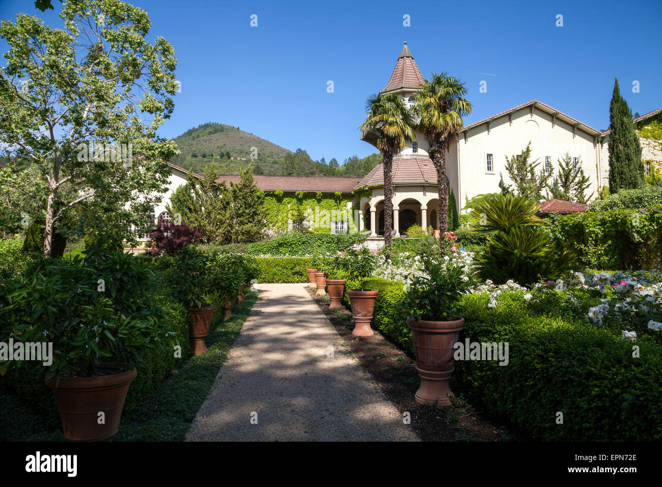 Garden inside Chateau St. Jean Estate Vineyard and Winery, Kenwood, Sonoma, California, USA Stock Photo