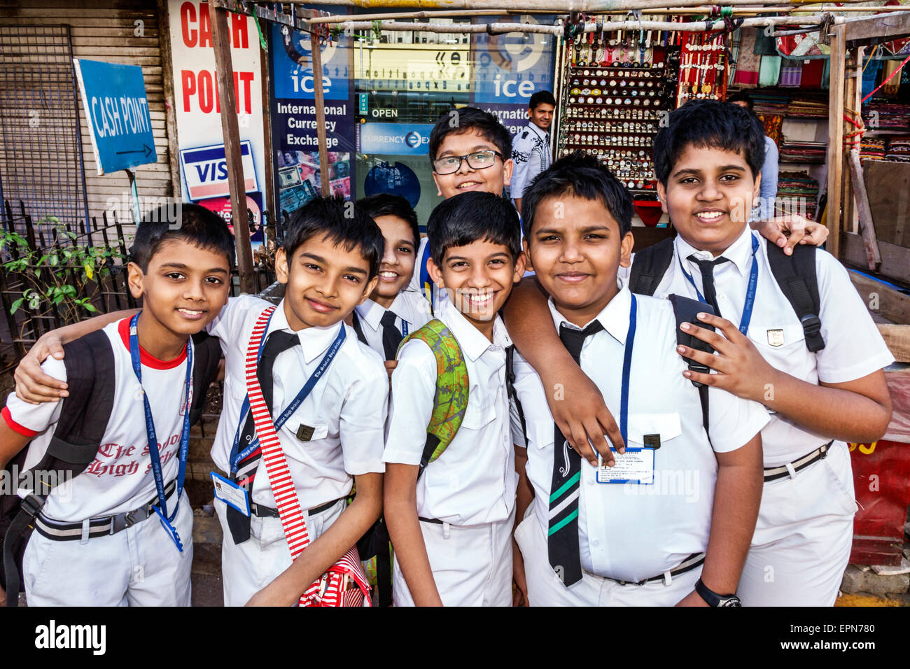 Mumbai India,Apollo Bandar,Colaba,Indumati Sakharkar Marg,Road,Colaba Causeway,male boy boys kids children friends,student students uniforms,The Schol Stock Photo