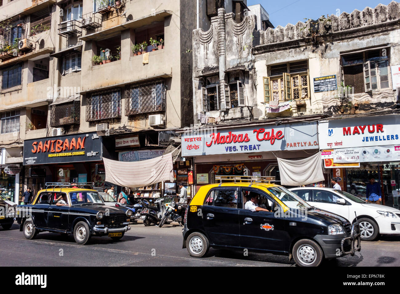 Mumbai India,Apollo Bandar,Colaba,Indumati Sakharkar Marg,Road,Causeway,Market,businesses,taxi cab,taxis,cabs,India150227044 Stock Photo