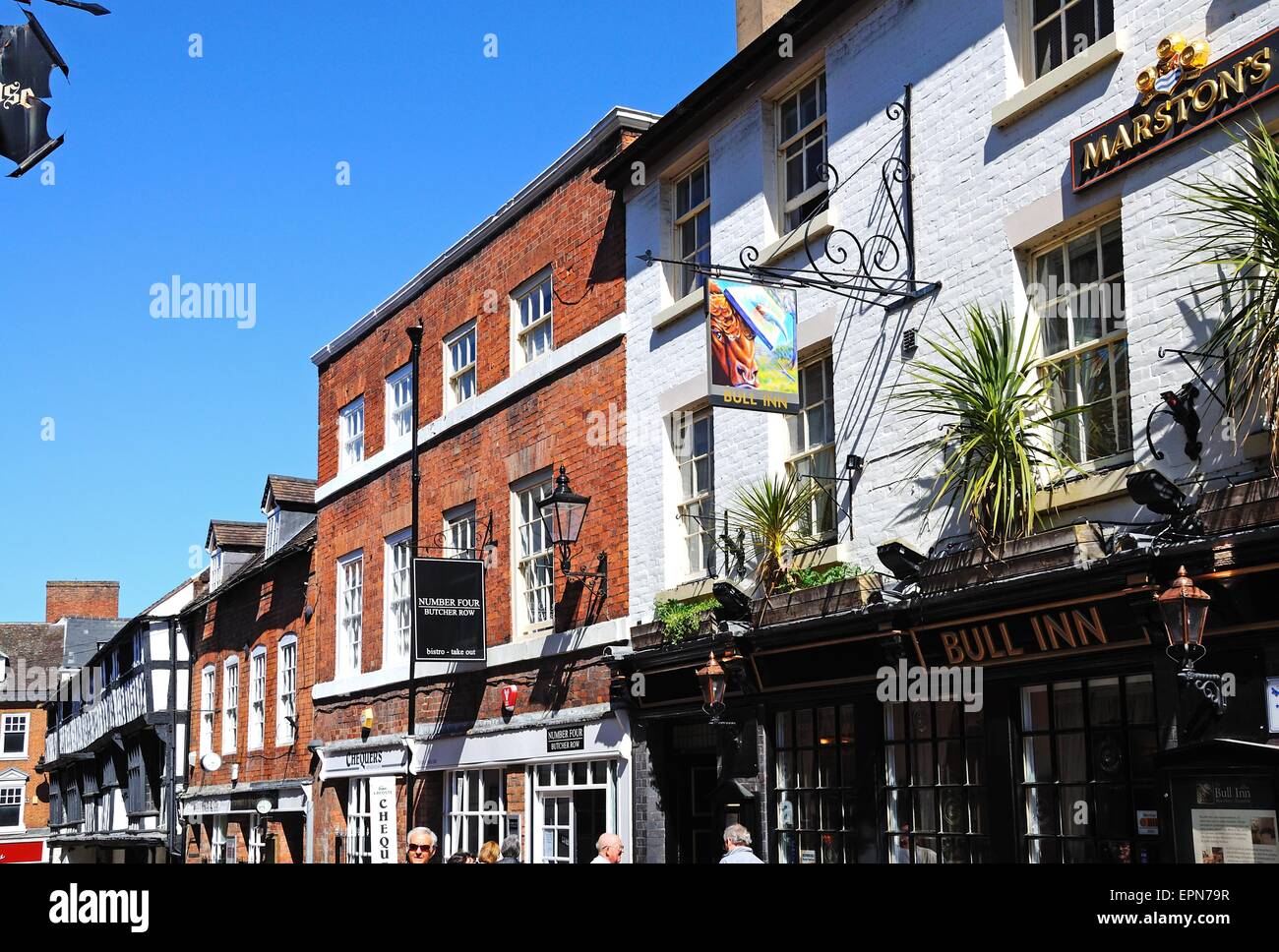 Shops and businesses along Butcher Row, Shrewsbury, Shropshire, England