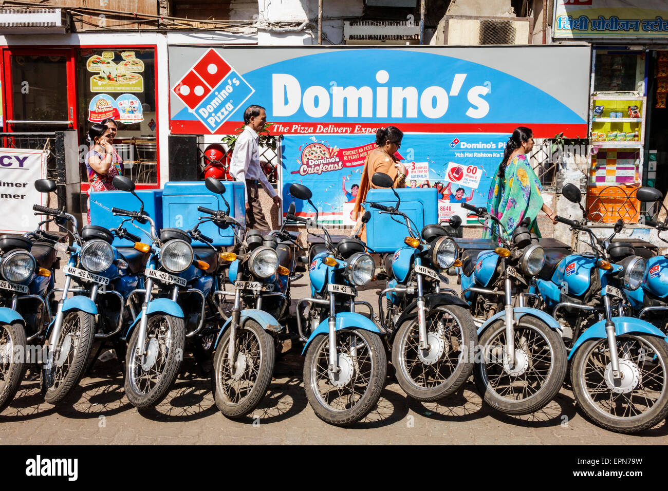 Mumbai India,Apollo Bandar,Colaba,Causeway,Market,Strand Cinema Road,Domino's Pizza,delivery,motorcycles,front,entrance,India150227069 Stock Photo
