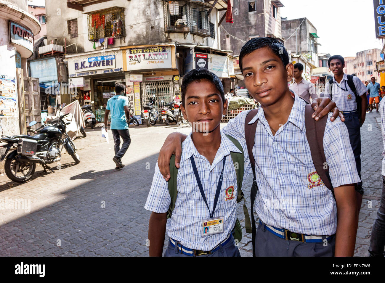 Mumbai India,Apollo Bandar,Colaba,Causeway,Market,Indumati Sakarikar Marg,Road,teen teens teenager teenagers male boy boys kids children friends,stude Stock Photo