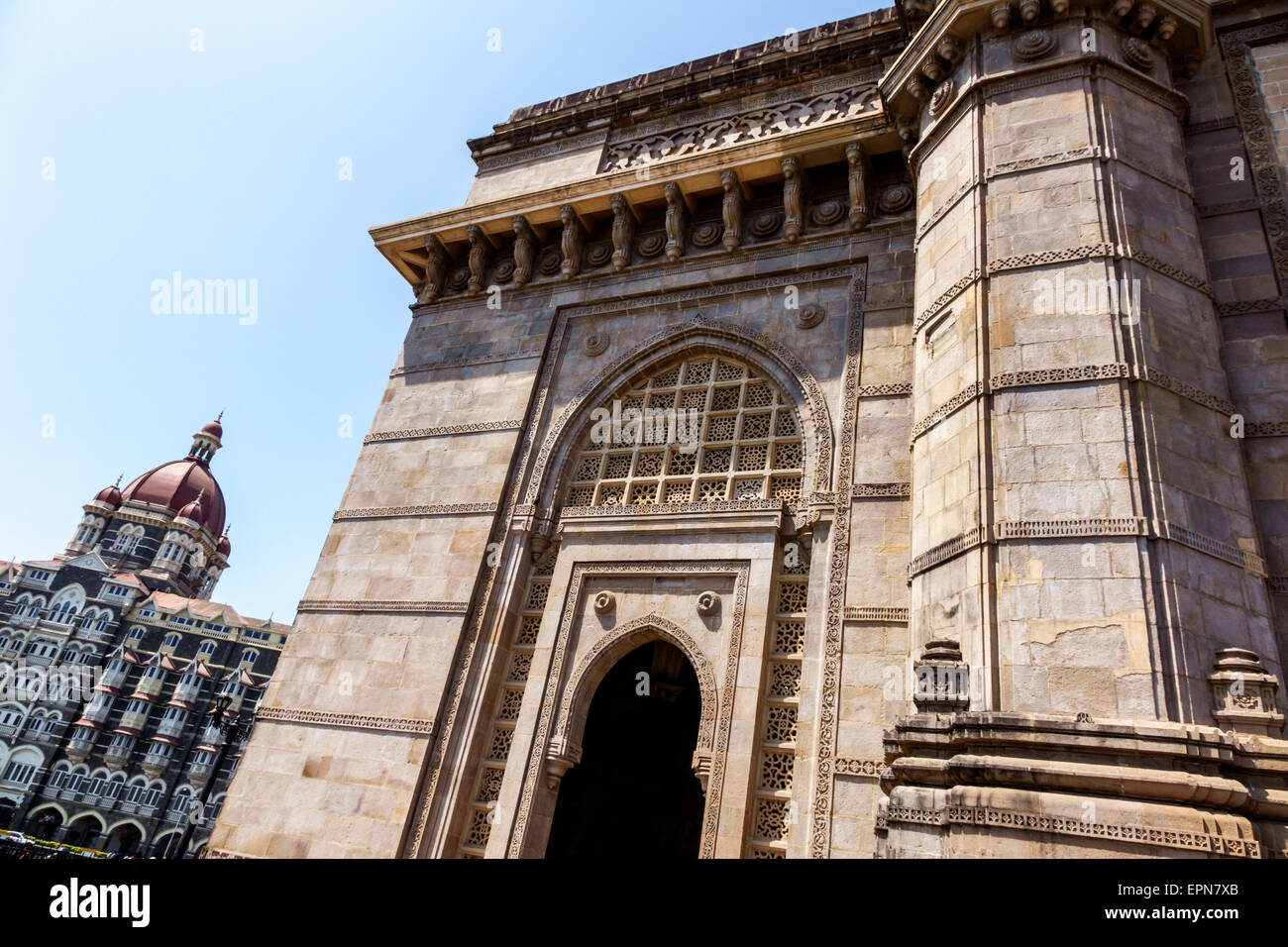 Mumbai India,Apollo Bandar,Colaba,Gateway of India,Indo-Saracenic style stone arch,The Taj Mahal Palace,hotel,India150227137 Stock Photo