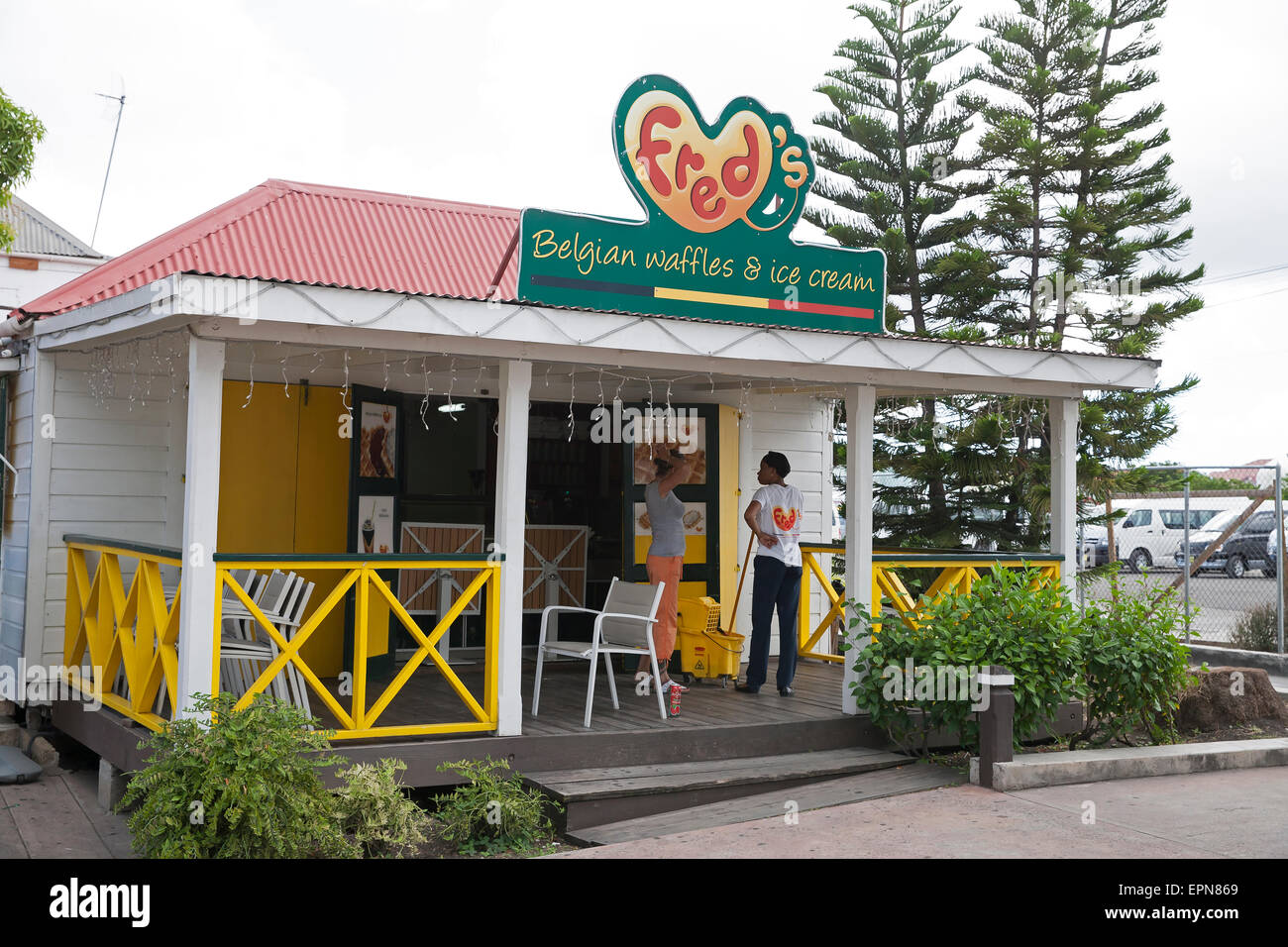Freds Belgian waffles and ice cream hut in St John Port Antigua Stock