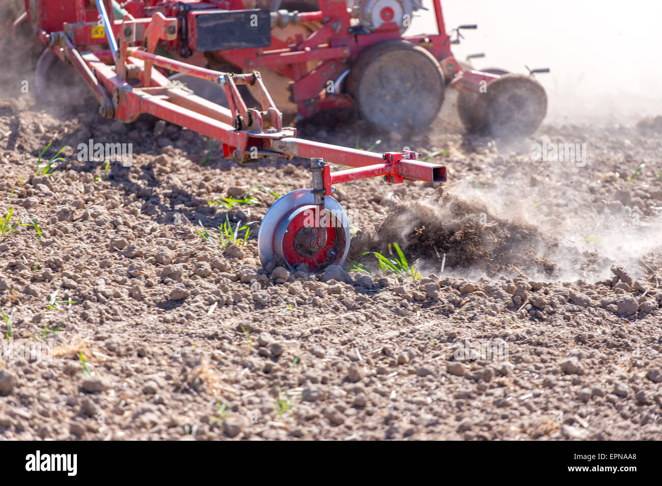 The tractor harrowing the large brown field in spring season Stock ...