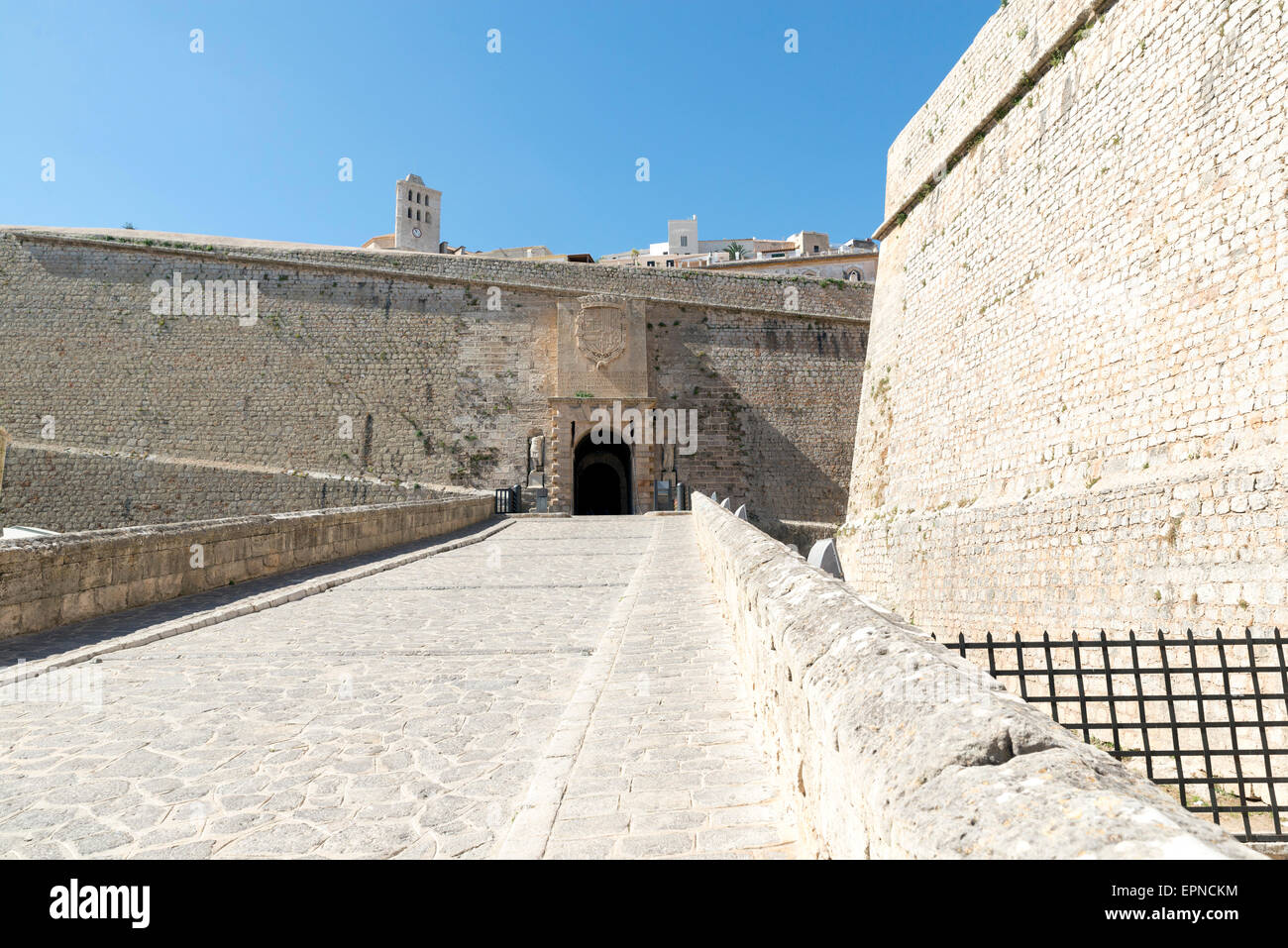 Old town walls and gateway to the old town part of Ibiza Town, on the island of Ibiza. Stock Photo